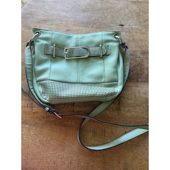 Tignanello Leather Crossbody Bucket Bag Mint Green Laser Cut Adjustable Strap - Picture 1 of 9